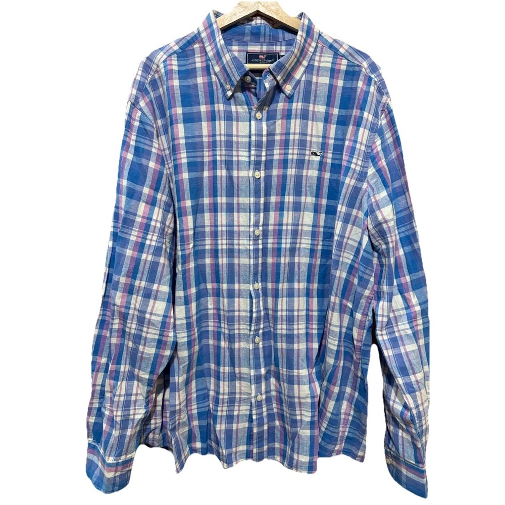 Vineyard Vines‎ Blue Pink Plaid Cotton Linen Classic Fit Whale Shirt 2XL EUC
